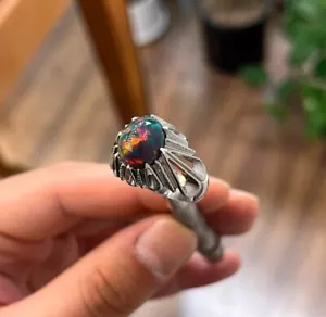 Natural Ethiopian Fire Black Opal Ring Solid 925 Sterling Silver Opal Rings - Picture 1 of 5