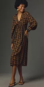 Farm Rio Long-Sleeve V-Neck Printed Tie-Front Midi Dress Medium NEW - Picture 1 of 6