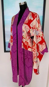 VTG Silk Kimono Purple Peony Print Sz L - Picture 1 of 7