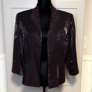 Alex Evenings Beaded Jacket Coat Womens 14 Iridescent Open Front Fancy Plum EUC - Picture 1 of 11