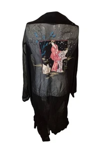 VTG Geisha Duster Cardigan Sheer Kimono Duster Hand Painted Embroider Scarf O/S - Picture 1 of 7