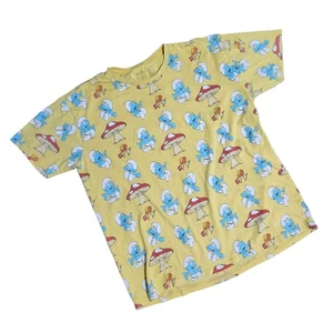 Smurf Graphic T Shirt Mens XL All Over Print Mushrooms Yellow Blue Short Sleeve - Picture 1 of 8