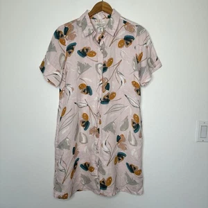 Rachel Zoe Linen Shirt Dress Womens Sz M Pink Floral Pockets Short Sleeve - Picture 1 of 9