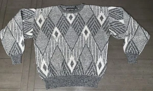 90s SPETTRO XL CREW NECK KNIT SWEATER BOXY GRANDPA COSBY GEO DIAMOND GRAY/WHT - Picture 1 of 23