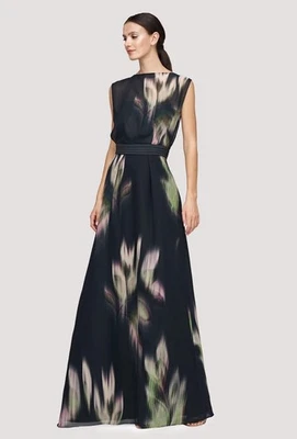 Vestido de Noche Kay Unger Tess Línea A Chifón Estampado Abstracto Diseñador Talla 4  Foto 1 de 4