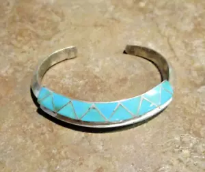 PETITE Vintage Zuni Sterling Silver 2-SIDED FLUSH INLAY TURQUOISE Bracelet - Picture 1 of 12