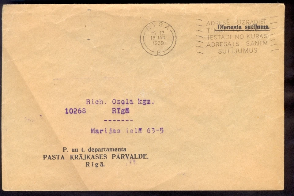 9741 Letonia, 1939, portada oficial postal como correo local en Riga con matasellos de máquina Foto 1 de 1