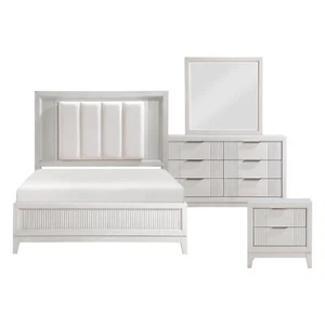 4 PC ANTIQUE WHITE FINISH LED QUEEN BED NS DRESSER MIRROR BEDROOM FURNITURE SET - Picture 1 of 19