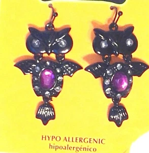 Owl Dangle Pierced Earrings Purple Stone Black Metal Hypo Allergenic - Picture 1 of 3