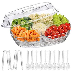 FRUIT CHILLED SERVING TRAY Plastic Party Platter with 4 Compartment Clear 15INCH - Picture 1 of 8