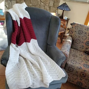 White Maroon Hand Crocheted Afghan Blanket Twin-Double Bed Warm Couch Throw Cozy - Picture 1 of 3