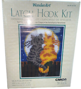 New ListingCat Latch Hook Kit Moonlight Meow Canvas Wonder Art #4104 Caron 15" x 20" New