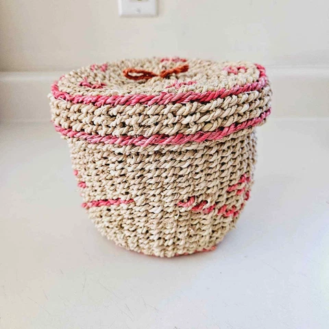 Vintage 1950's 5" Cotton Lined Woven Trinket Basket with Lid Cover