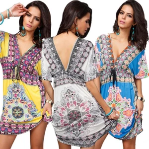 Plus Size Summer Short Dress Beach Casual Boho Dress Vacation Sexy V Neck Dress - Picture 1 of 14