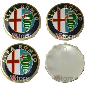 4 Tappi ALFA ROMEO Giulietta 159 146 157 Fregi CERCHI 60mm Coprimozzo Gold - Picture 1 of 2