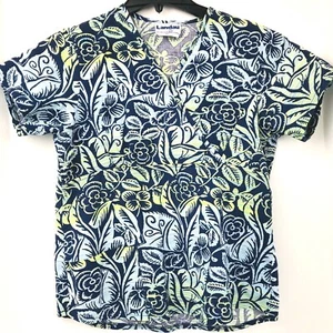 Landau Size Small Blue And Yellow Flowers Womans Medical Nurse Scrub Top - Picture 1 of 6