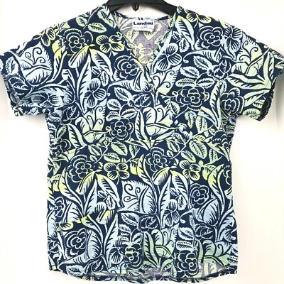 Landau Size Small Blue And Yellow Flowers Womans Medical Nurse Scrub Top - Image 1 of 4