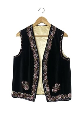 Vintage Black Velvet Romanian Folklore Vest Beaded Waistcoat Handmade Vest - Image 1 of 4