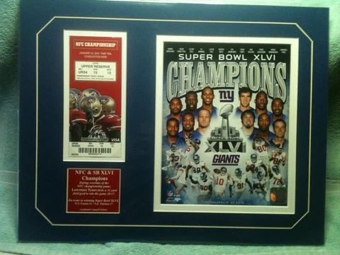 NY Giants Superbowl XVLI. Matted Collage18x14,49ers Gmen Playoff Ticket, Manning Cover