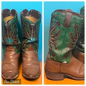 Vtg 50's Unbranded Cowboy Boots 9.5 D Brown and Green Inlaid - Picture 1 of 4