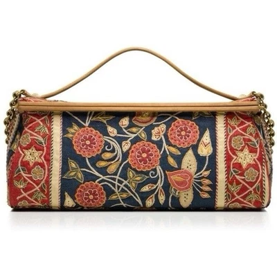 Tory Burch Tapestry Embroidered Barrel Bag Floral Carpet Navy Red Gold GUC - Image 1 of 4