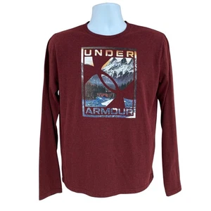 Under Armour Knit T-Shirt Burgundy Rust Youth YXL Long Sleeve Mountain Graphic - Picture 1 of 12