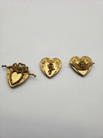 Vintage Set Of 3 Art Nouveau BrassTone Button Covers Heart Shaped Cupid 1.75" Cover