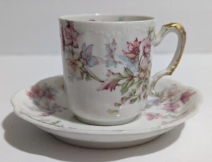 Tasse et soucoupe Demitasse Haviland Limoges - Porcelaine française à fleurs roses et bleues - Photo 1/7