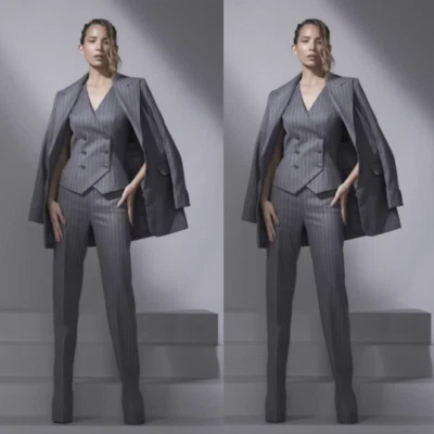 Grey Striped Women Suits Peak Lapel Formal Business Lady Office Work Wear 3Pcs - Image 1 of 4