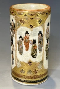 2 3/8" antico vaso giapponese Satsuma Shimazu miniatura ceramica cilindrica Meiji - Foto 1 di 12
