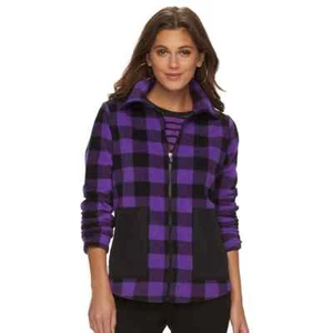 CHAPS SPORT Women's Purple Black Buffalo Check Fleece Full Zip Jacket Sz. L - Picture 1 of 14