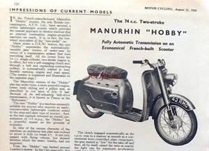 MANURHIN 'Hobby' 74cc 2-Stroke Scooter #2 - 1958 Magazine Report (2-Sided) - Foto 1 di 1