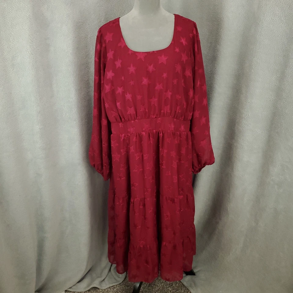 Новый Torrid 3 платье женщин 3 X бордовое вино Midi зажим Dot ярусный звезды с подкладкой - Изображение 1 из 4