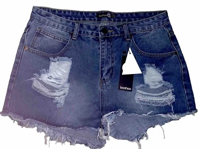 Boohoo Azul Mandy Tiro Medio Dobladillo Deshilachado Denim Pantalones Calientes EE. UU. 10 Nuevos Con Etiqueta Foto 1 de 4
