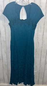 Carole Little Vintage Teal Blue Damask Floral Print Dress 16 Open Back Cap Sleev - Picture 1 of 7