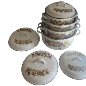 Vintage Enamel Floral 4pc Graduated Sizes Cookware Set w Lids 2208 - Picture 1 of 8