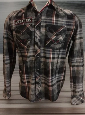 Hombres Affliction Negro Premium Mediano WESTERN M Manga Larga L/S Camisa a Presión Patrón Foto 1 de 4