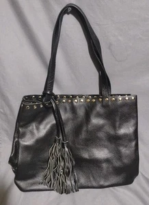 Laggo Remy Black Pebbled Leather Gold Studded Large Tote Hobo Slouch Bag Tassels - Picture 1 of 14