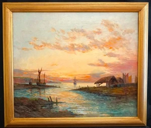 FRANCIS JAMIESON 1895-1950 COASTAL SUNSET SAILBOATS NEWQUAY ANTIQUE OIL PAINTING - Picture 1 of 10