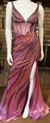 Vestido Jovani 44577 Rosa Cristal Satinado Adornado Alta Abertura Nuevo con Etiquetas Talla 2 Foto 1 de 4