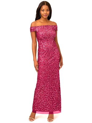 ADRIANNA PAPELL Orchid Magenta Fuchsia Sequin Beaded Off-Shoulder Maxi Gown 6 US - Image 1 of 4
