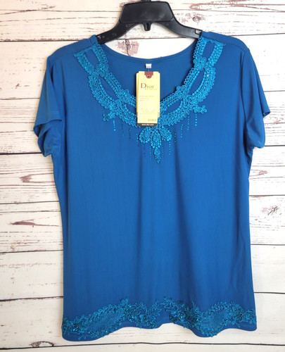 Top donna grande nuovo con difetti Dior moda blu uncinetto perline manica corta
