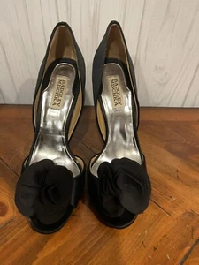 Badgley Mischka Size 7.5 Black Peep Toe Pumps Satin Rose Detail Formal Heel - Picture 1 of 10