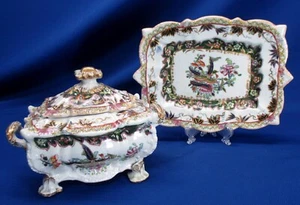 ANTIQUE MASONS STAFFORDSHIRE CHINOISERIE 3PC SAUCE TUREEN, CA 1840 - Picture 1 of 15