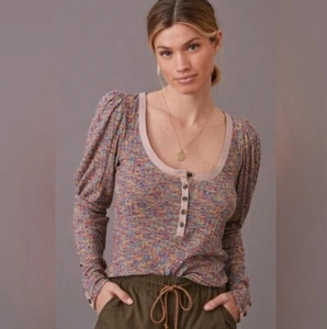 Anthropologie Lavender Rainbow Puff Sleeve Knit Henley Sz M - Picture 1 of 9