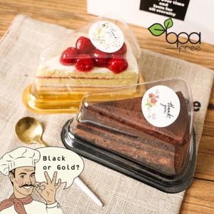 Clear Lid Black Gold Base PET Holder Pie Cake Slice Bakery Boxes Containers - Picture 1 of 11