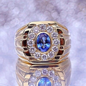 Men's Wedding 100% Natural Blue Sapphire & Diamond 2.92 Ct 14K Yellow Gold Ring - Picture 1 of 12