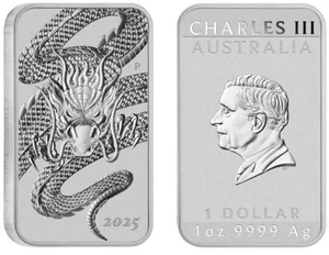 🔥NEW🔥 Perth Mint 1oz 2025 Silver Dragon Bar 999 Bullion in Direct-fit Capsule - Picture 1 of 2