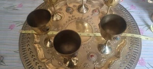 Vintage, large brass Middle Eastern Turkish Coffee Pot (Dalah), Tray, 6 Goblets - Picture 1 of 8