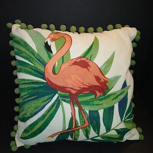 Allen + Roth Pink Flamingo With Green Pom Poms Throw Pillow Tropical Beach Theme - Picture 1 of 7